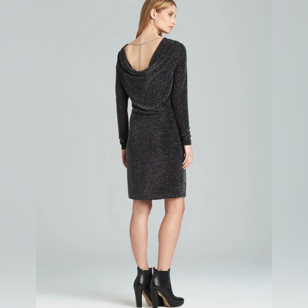 Michael Kors Long-Sleeve Metallic Cowl-Back Black Mini Formal Dress Size Small